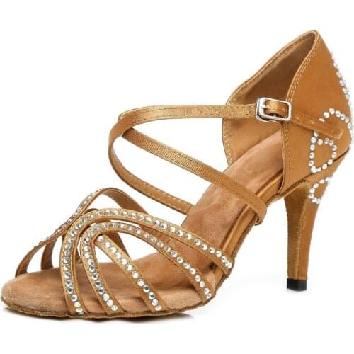Comfortable Satin Rhinestone Latin dance shoes women Professional Soft Sole Ballroom Party Tango Dancing Shoe Heel 8.5cm A146