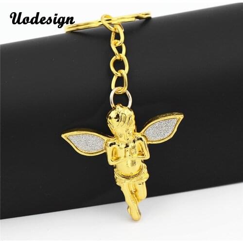 Uodesign HIP Hop Gold Color Alloy Ice Out Bling Angle Stereoscopic Angle Pendant Keychain for Men Jewelry