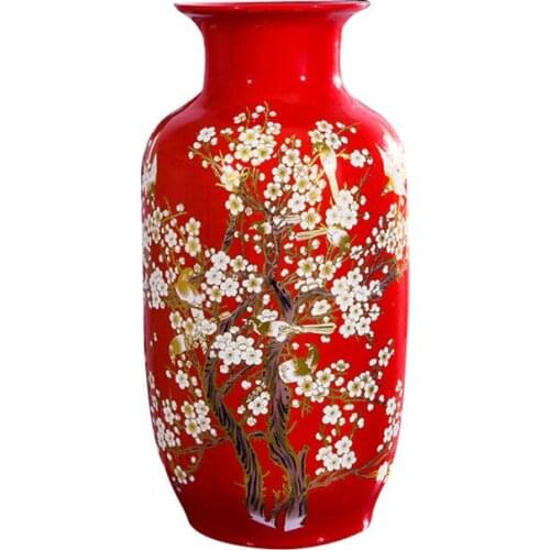 Chinese Style Pure Hand-painted plum blossom Flower Pattern Jingdezhen Red Porcelain Flowers Vase For Birthday Gifts