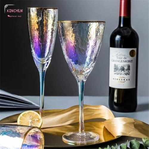XINCHENColorful Wine Glass Champagne Flutes Crystal Wedding Glasses Luxury Gold Rim Party Gift Home Drink Cup Goblet 280ml 370ml