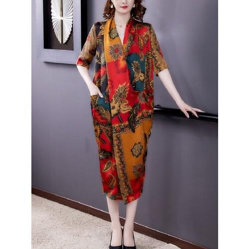 Short sleeve satin vintage floral dresses for women casual loose long summer dress elegant clothes 2021 sundress