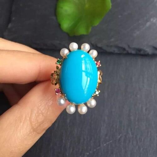 Fine Jewelry real G18k Rose Gold 18K Solid Gold 100% Natural Turquoise Gemstones Gold Diamonds Female Casual Sporty Rings