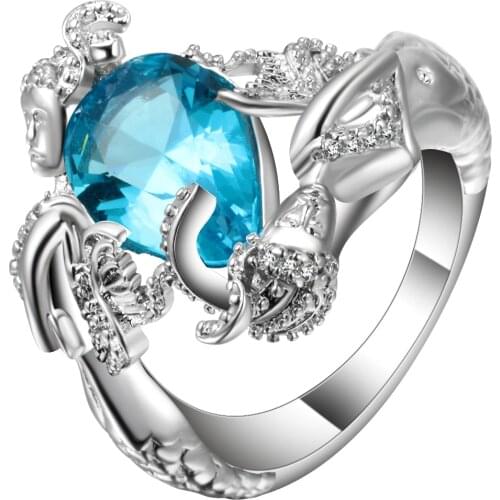 Hainon New Silver Color Mermaid Rings for Women Big Blue Zircon Stone Ring Elegant Party Engagement Jewelry Femmes Rings