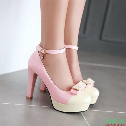 2018 Sweet Butterfly-knot Platform High Heels Ankle Strap Buckle Ladies Party Dress Shoes Woman Plus Size Heel Pumps