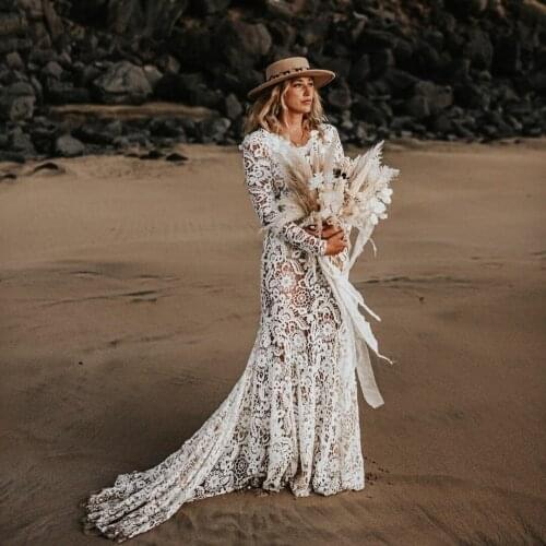 2021 Bohemian Lace Wedding Dress Long Sleeves V Neck Beach Bridal Gowns Plus Size Open Back African vestidos