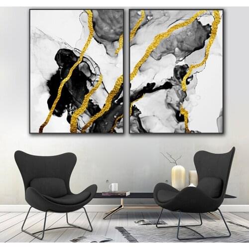 Abstract marble wall canvas painting golden black poster printing picture home living room wall decor canvas art