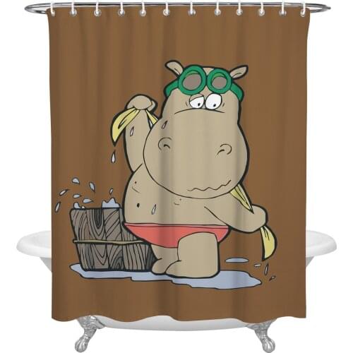 Hippo Bathing Bathroom Shower Curtain Polyester Fabric Waterproof Shower Curtains with Hooks