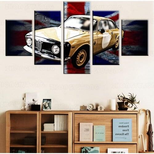 Decor Home Room Wall Artworks Frame 5 Pieces British Flag And Yellow Cars Paintings Art HD Prints Poster Modular Pictures Canvas