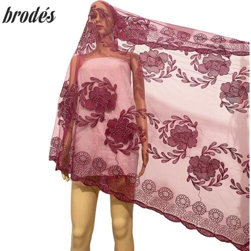 Good Quality Embroidery Hijab African Soft Net Scarf with Flowers and Diamonds Big Shawls for Covering Body Wraps Muslim Lady