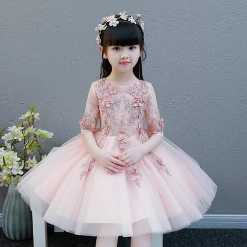 KICCOLY 2018 Elegant Girl Pink Tulle Dress Appliques First Communion Dress Baby Girl Formal Wedding Dress Flower Girl Gown