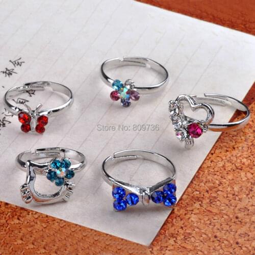 10pcs Heart Design Crystal Flower Butterfly Ring Wholesale Lot Silver Plated Assorted Cute Kid Child Ring Party Adjustable Gift