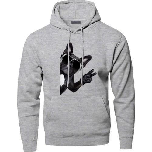 Black Bulldog Wear Sunglasses Brutal Street Hoodies Warm Outdoor Printing Hoodie Top Men Daily Casual Fitted Gray Streetwear