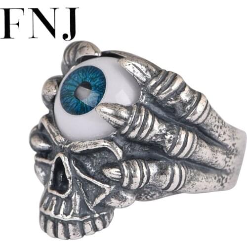 FNJ Eye Rings 990 Silver Adjustable Size Open Popular S990 Solid Silver Ring for Men Jewelry Fine Claw Skull Punk Resin