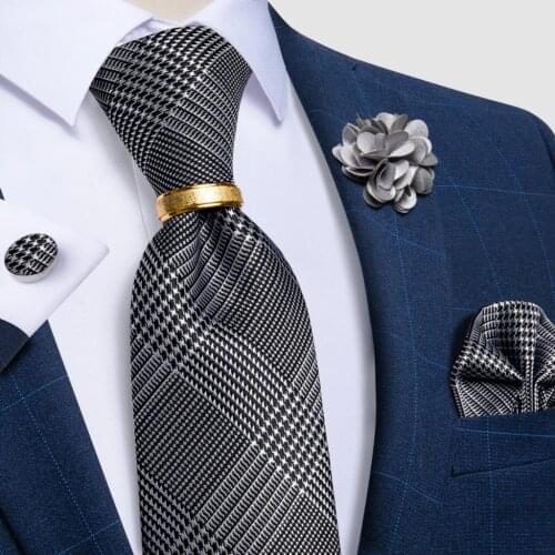 Houndstooth Gray White Men Tie Business Wedding Neck Tie Pocket Square Cufflinks With Brooch Tie Ring Gift Tie For Men DiBanGu