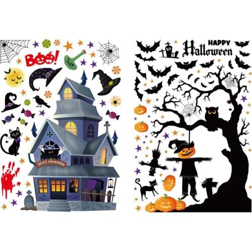 Halloween Window Witch Pumpkin Stickers PVC Translucent Double-sided Wall Decals Reusable Bedroom Living Room Window Decor