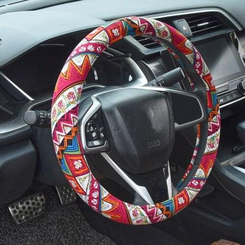 Bohemian Style Flax Car Steering Wheel Cover Volant Faux Leather Anti-slip Covers Auto Accessories for Steering Wheel 37-38cm