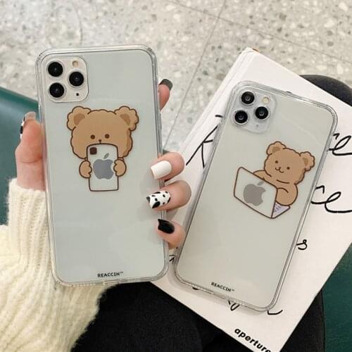 Funny Cute Bear Clear Phone Case For iphone 12 Pro Max 12 Mini 11 Pro XR XS Max X 7 8 Plus Cartoon Animal Couple Soft TPU Cover