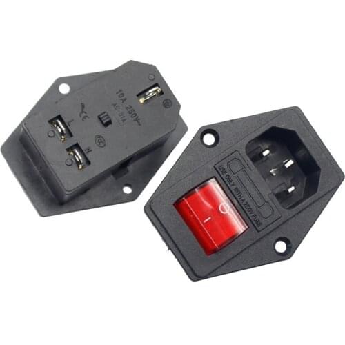 10A 250VAC 3/4 Pin IEC 320 C14 inlet connector plug power socket with red rocker switch 10A fuse