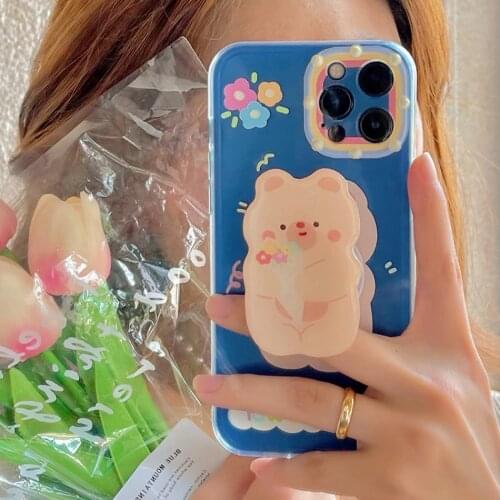 For iPhone 12Pro Max cute Korean bear flower Phone For iPhone 11 PRO 12 7 8 Plus XR XS Max 12 mini silicone ring stand cover