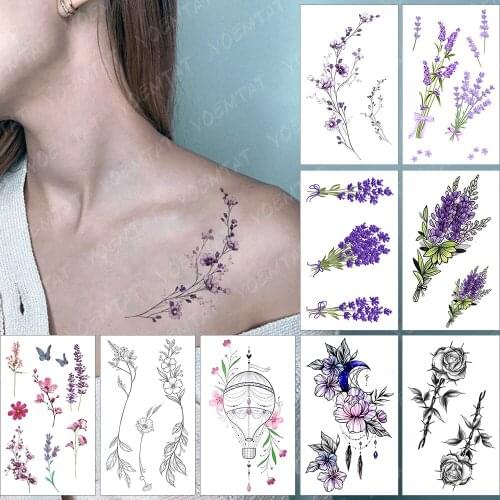 Waterproof Temporary Tattoo Sticker Watercolor Romantic Lavender Flowers Flash Tatoo Arm Wrist Fake Tatto For Body Art Women Men