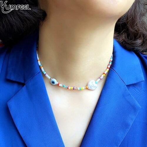 Yumfeel Brand New Baroque Shape Heart Pearl Murano Eyes Necklace Women Beaded Chokers