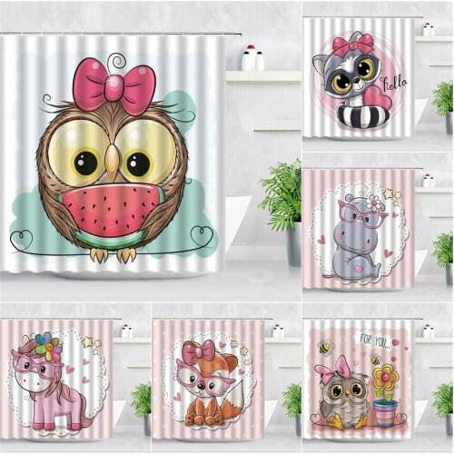 Cartoon Animals Shower Curtains Owl Unicorn Cat Fox Hippo 3D Print Modern Children Bathroom Decor Hooks Screen Bath Curtain Set