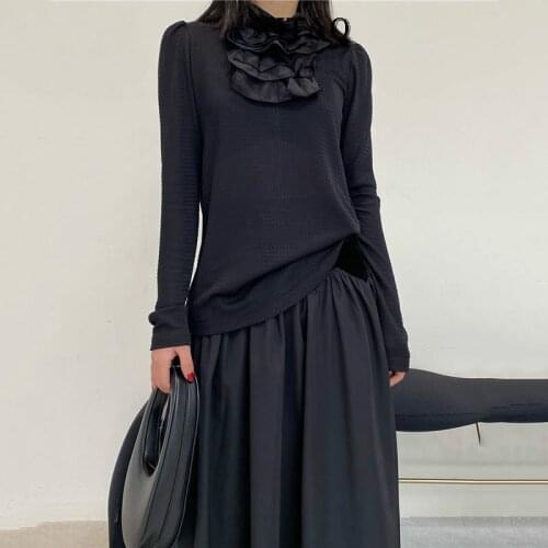 Patchwork Ruffles Solid T Shirt Women 2021 Spring Casual Fashion New Style Temperament All Match Women Clothes C952