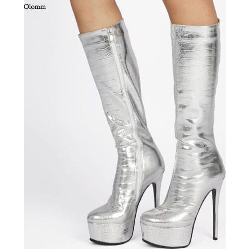Olomm Women Winter Knee Boots Croc Pattern Stiletto Heel Round Toe Gorgeous Gold Silver Black Club Wear Shoes Women US Size 5-20