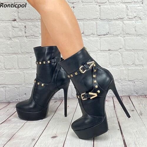 Ronticool Women Winter Ankle Boots Buckle Strap Platform Rivets Stiletto Heels Round Toe Black Party Shoes Plus US Size 5-20