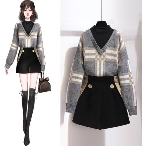 Speing Autumn Womens Two Pieces Clothing Set Female Fake Two Patchwork Pullovers Sweater Tops + Short Pants Skinny Shorts Feme