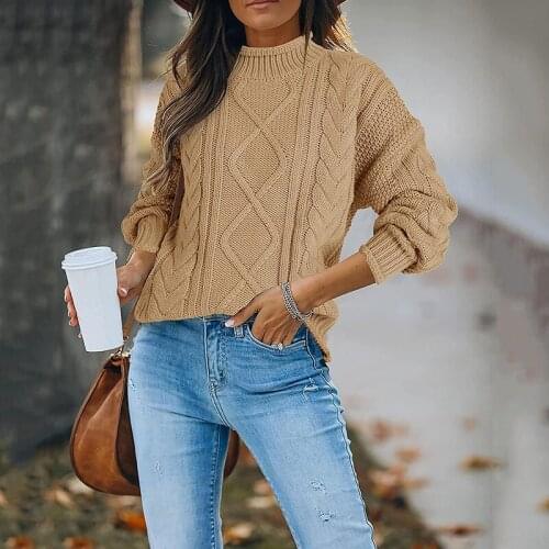 Womens round neck solid color drawstring sleeve thick thread textile casual loose fashion patterned sweater