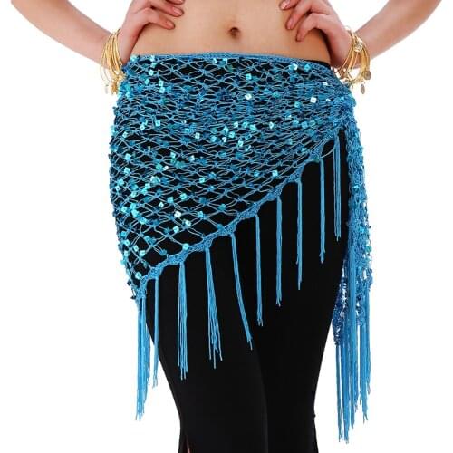 12 Colors Belly Dance Practice Clothes Accessories Stretchy Long Tassel Triangle Belt Hand Crochet Belly Dance Hip Scarf Sequin