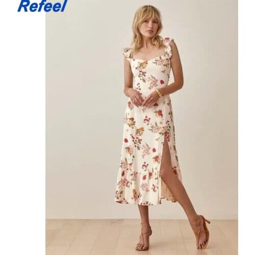 White Floral Tied Braces Long Dress Women Elastic Waist Square Collar Summer Dress Split Backless Party Dresses