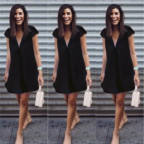 Shirt Dress Women Fashion Dresses Chiffon Casual Short Sleeve Dress Girls Loose V-Neck Mini Dress Vestidos