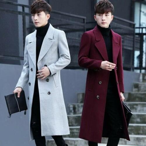 Winter Mens Lapel Double Breasted Quilted Slim Fit Woolen Jacket Trench Coat New