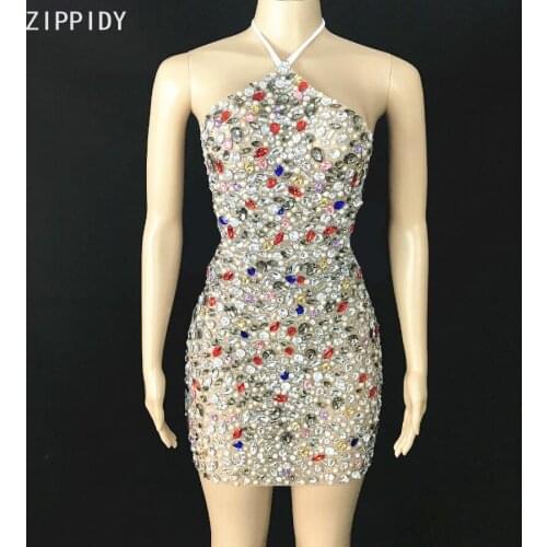 2021 Multi-color Rhinestone Pearl Transparent Dress Evening Celebrate Costume Women Dance Singer Wear Birthday Dress