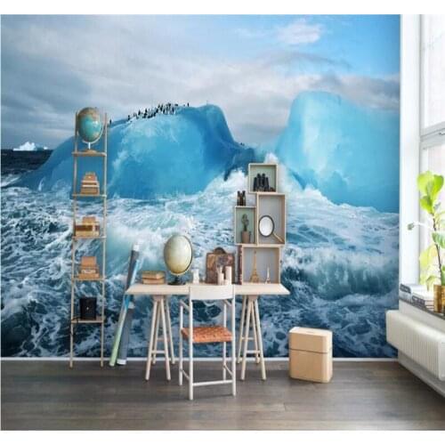 Customized 3d wallpaper modern fashion shocked iceberg sea penguin stereo background wall silk waterproof material