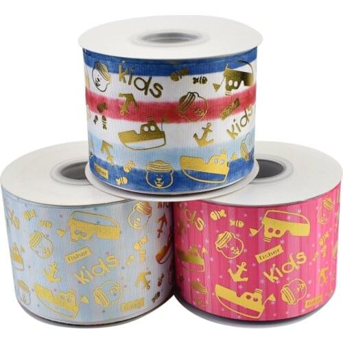 75mm Ocean Series Gold Foil Kids Fisher Boat Anchor Grosgrain Ribbon For DIY Accessories 50yards Welcome Custom Printed
