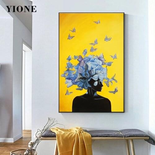 Abstract Blue Hair Butterfly Girl Canvas Painting Black Figure Woman Art Yellow Poster for Living Room Wall Picture Print Decor