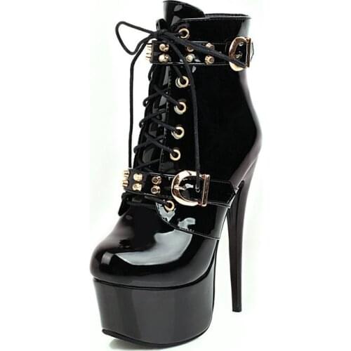 Ankle Boots Women Platform Sexy 15cm High Heels Short Boots Red White Patent Leather Lace Up Fetish Shoes Woman Large Size 48