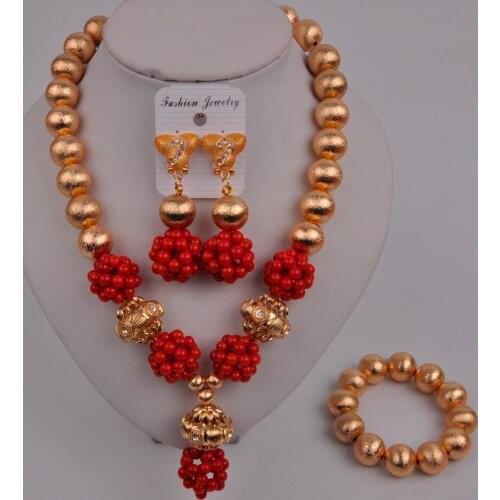 Dubai Gold African Jewelry Set Nigerian Coral Beads Red Coral Jewelry Set Bridal Set 46-AB-05