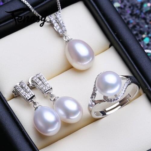 FENASY Wedding Jewelry Sets Fashion Natural Freshwater Pearl Pendant Necklaces Women Drop Earrings Elegant Silver Color Ring Set