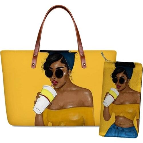 HYCOOL Women Yellow Handbag Purse Set Beautiful Afro Black Girls Printing Woman Clutch Bags Convenient Hand Bag for Ladies Girls