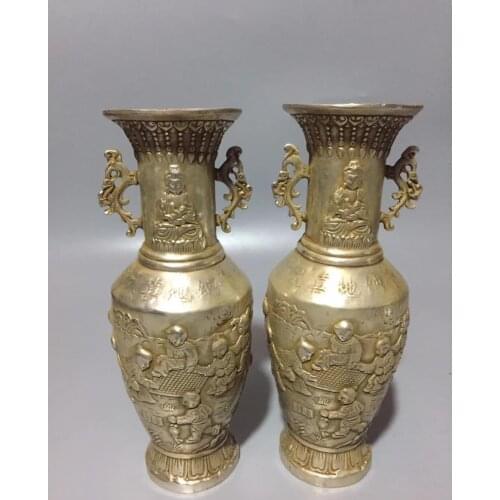 Chinese Tibetan Silver Carving Guanyin Kwan-yin Bodhisattva Sending Children Flower Vase Buddha Statue Vase Buddhism Gift