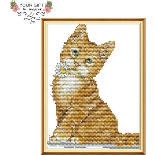 Joy Sunday DA199 14CT 11CT Counted and Stamped Home Decor The cat bites the flower Needlework Needlepoint Cross Stitch kits