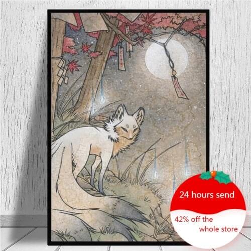 Canvas Painting Cartoon Fox Kitsune Yokai Foxfire Wall Art Poster Prints Cuadros Living Room Decoration Painting Wall Art