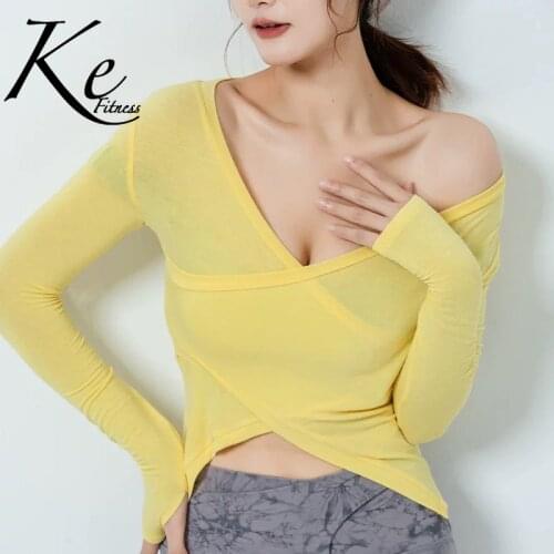 KE2021 spring and summer yellow and white skinny sexy Korean version of the thin split large V-neck yoga fitness blouse top