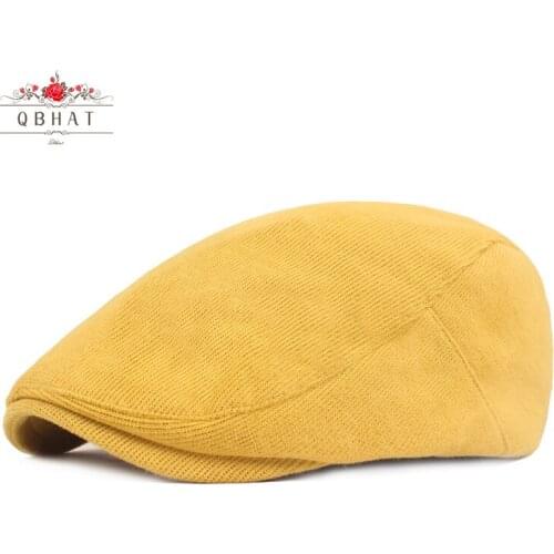 QBHAT Unisex Cotton Flat Newsboy Driving Hat Cap Yellow Green Simple Berets Artistic Youth Casquette Retro Ivy Cabbie Cap