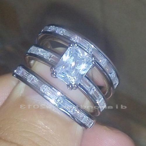 Size 5-10 princess 3pcs 10kt white gold filled Clear AAA CZ Simulated stones Wedding Engagement Women Ring set for lover gift