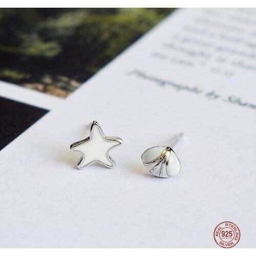 LKO 925 Sterling Silver Starfish And Shell Asymmetry Stud Earrings Delicate Earrings For Women Jewelry Gift Ornaments